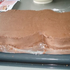 Postup na prípravu krému: 200g Helie, 140g preosiateho práškového cukru, 1 vanilkový cukor a 50g horkého kakaa (nesladeného) zmiešame mixérom.
Korpusy natrieme kakaovým krémom. Už zlepené oba korpusy potrieme navrchu a aj z bokov krémom. Ak chceme tortu poťahovať hmotou, dáme ju do chladničky. (Ja som nechala do druhého dňa).